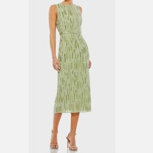 NWT Mac Duggal Abstract Beaded Sleeveless Midi  Dress Saffron Size 0 Sage #93597